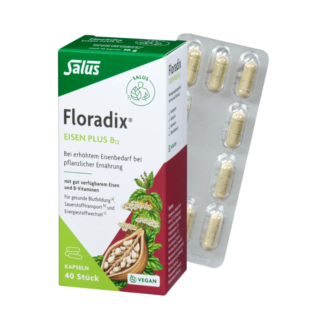 Salus Floradix Eisen plus B12 – 40 vegane Kapseln mit Verpackung und Blister