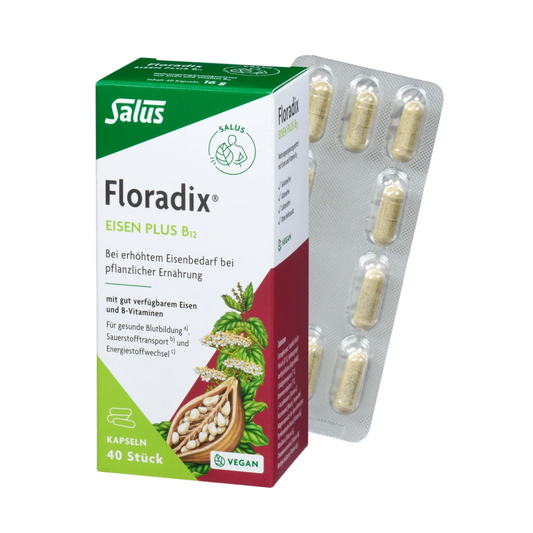 Salus Floradix Eisen plus B12 – 40 vegane Kapseln mit Verpackung und Blister