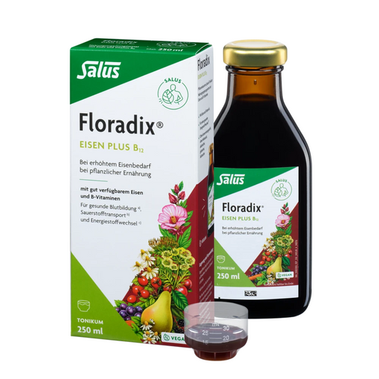 Salus Floradix Eisen plus B12 – 250 ml Tonikum mit Flasche, Verpackung und Dosierbecher