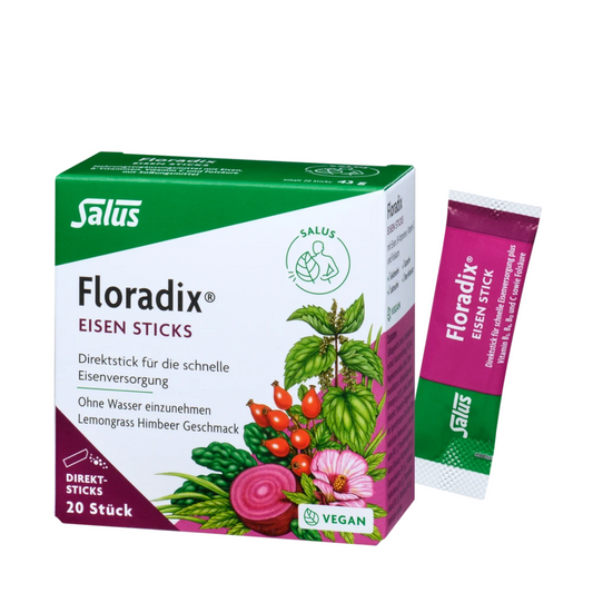 Salus Floradix Eisen Sticks – 20 Direktsticks in Verpackung mit einzelnem Stick