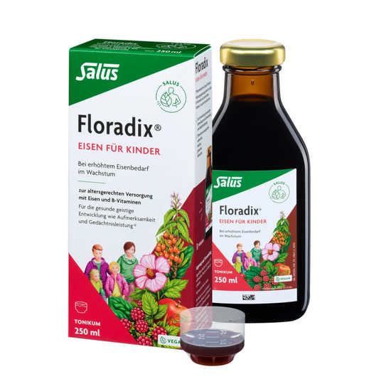Salus Floradix Eisen für Kinder – 250 ml Tonikum mit Flasche, Verpackung und Dosierbecher