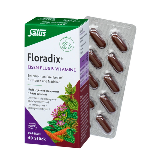 Salus Floradix Eisen plus B-Vitamine – 40 Kapseln in Verpackung und Blister