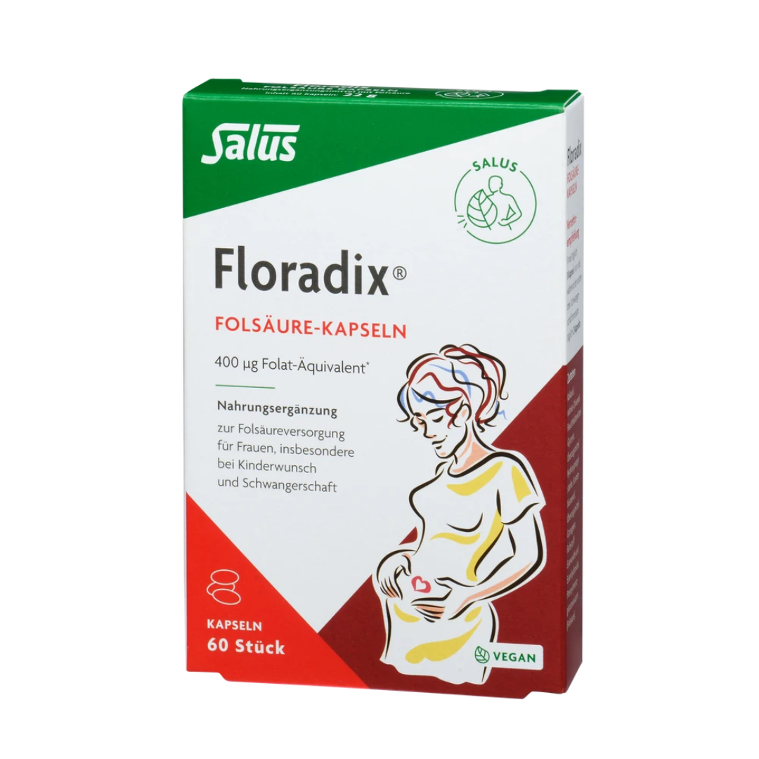 Salus Floradix Folsäure-Kapseln 400 µg – vegane Folsäure für Frauen zur Unterstützung bei Kinderwunsch und Schwangerschaft, 60 Kapseln