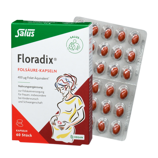 Salus Floradix Folsäure-Kapseln 400 µg – Packung mit Blister, vegane Nahrungsergänzung für Frauen bei Kinderwunsch und Schwangerschaft