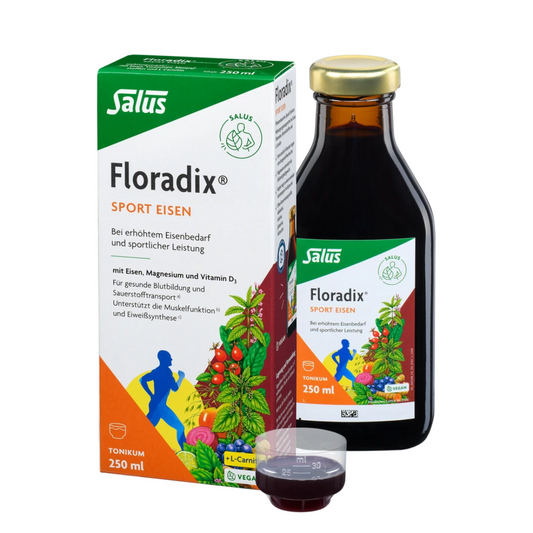 Salus Floradix Sport Eisen Tonikum 250 ml – Flasche, Verpackung und Dosierbecher, vegane Nahrungsergänzung für Sportler