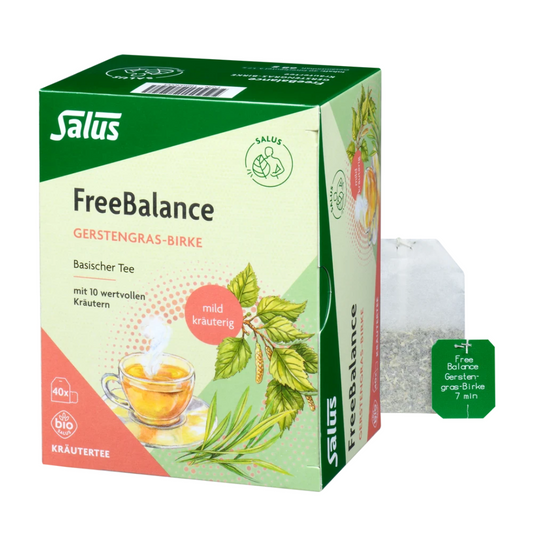 Salus Free Balance Gerstengras-Birke Bio Kräutertee – Verpackung mit 40 Filterbeuteln und einzelnem Teebeutel