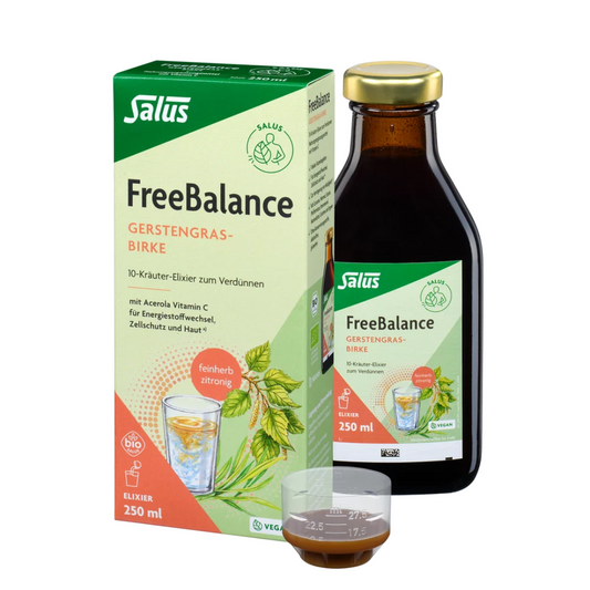 Salus Free Balance Gerstengras-Birke Bio Elixier 250 ml – Flasche, Verpackung und Dosierbecher, veganes Kräuterelixier
