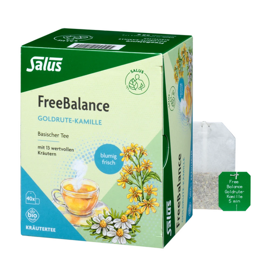 Salus Free Balance Goldrute-Kamille Bio Kräutertee – Verpackung mit 40 Filterbeuteln und einzelnem Teebeutel