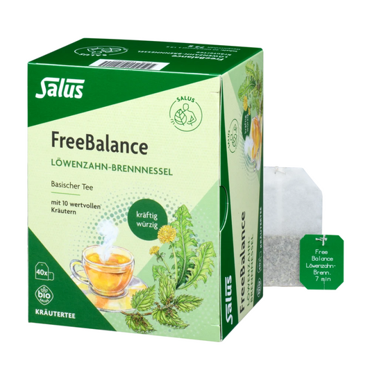 Salus Free Balance Löwenzahn-Brennnessel Bio Kräutertee – Verpackung mit 40 Filterbeuteln und einzelnem Teebeutel
