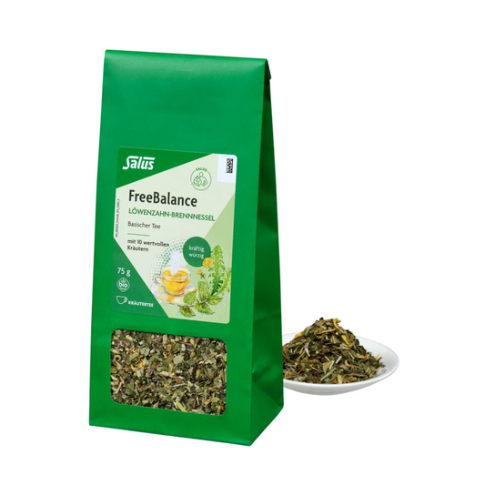 Salus Free Balance Löwenzahn-Brennnessel Bio Kräutertee lose 75 g – Verpackung mit losem basischem Kräutertee