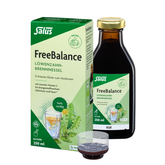Salus Free Balance Löwenzahn-Brennnessel Bio Elixier 250 ml – Flasche, Verpackung und Dosierbecher, veganes Kräuterelixier