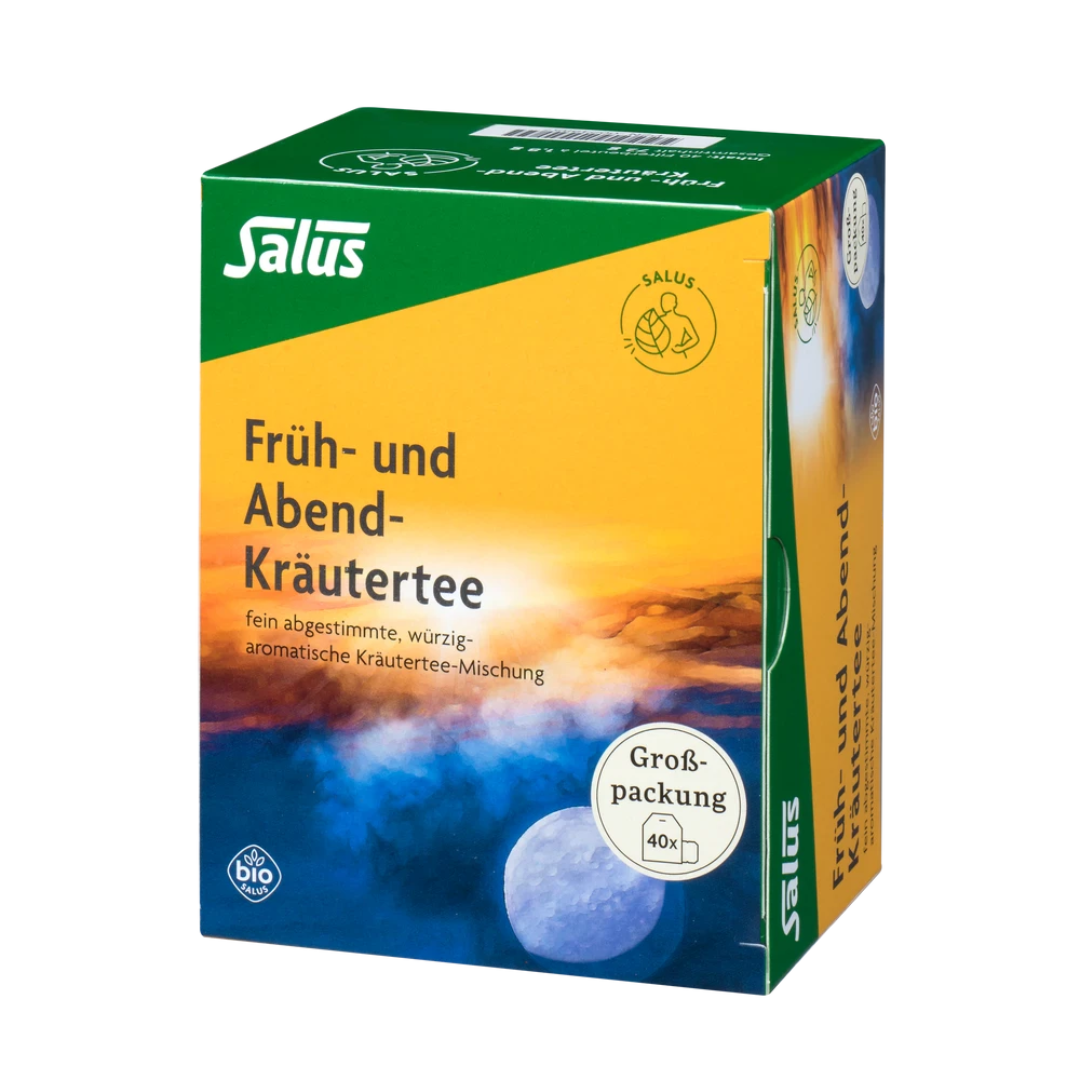 Salus Früh- und Abend-Kräutertee Bio – 40 Filterbeutel in Großpackung, würzig-aromatische Kräuterteemischung