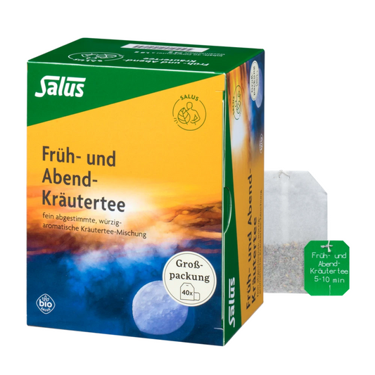 Salus Früh- und Abend-Kräutertee Bio – Großpackung mit 40 Filterbeuteln und einzelnem Teebeutel