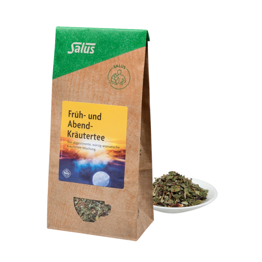 Salus Früh- und Abend-Kräutertee lose 100 g – Kräuterteemischung mit Verpackung und losem Tee