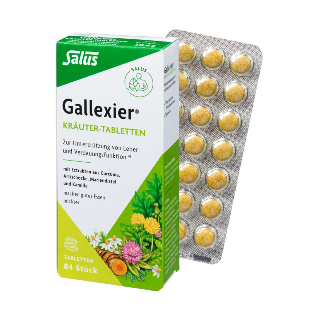 Salus Gallexier Kräuter-Tabletten 84 Stück – Blister und Verpackung der pflanzlichen Tabletten für Leber und Verdauung