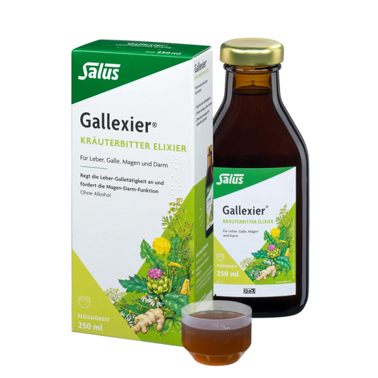 Salus Gallexier Kräuterbitter Elixier 250 ml – Flasche mit Dosierbecher und Umverpackung