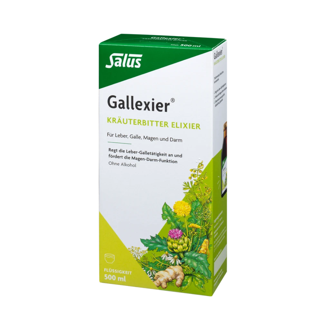 Salus Gallexier Kräuterbitter Elixier 500 ml – pflanzliches Elixier für Leber, Galle, Magen und Darm in Faltschachtel