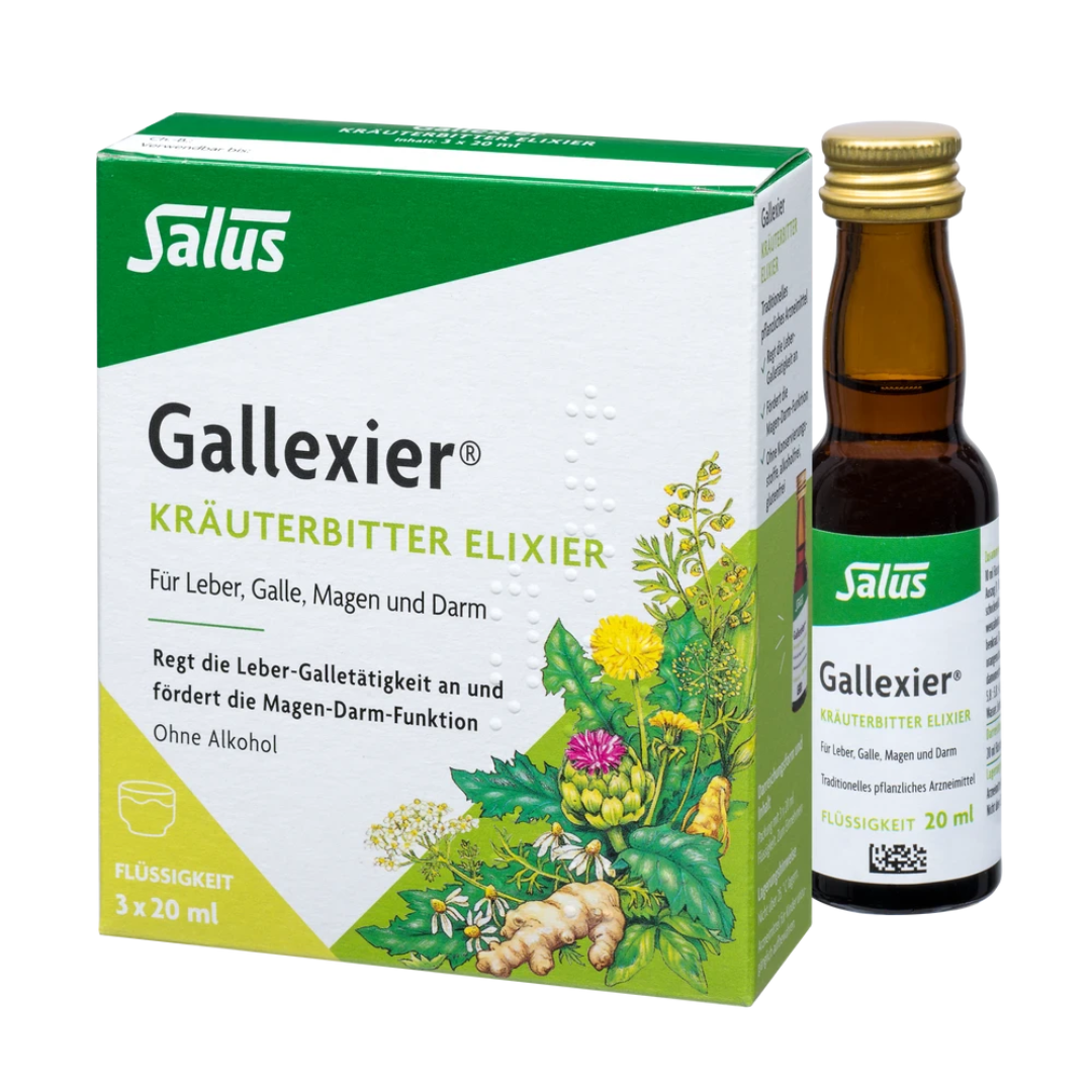 Salus Gallexier Kräuterbitter Elixier 3×20 ml – Packung mit Flasche für Leber, Galle, Magen und Darm