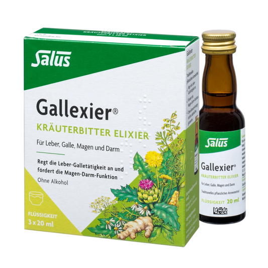Salus Gallexier Kräuterbitter Elixier 3×20 ml – Packung mit Flasche für Leber, Galle, Magen und Darm