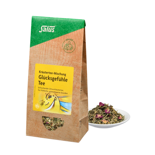 Salus Glücksgefühle Tee – 75 g lose Bio-Kräutertee-Mischung mit Zitrusnote, Verpackung und loser Tee