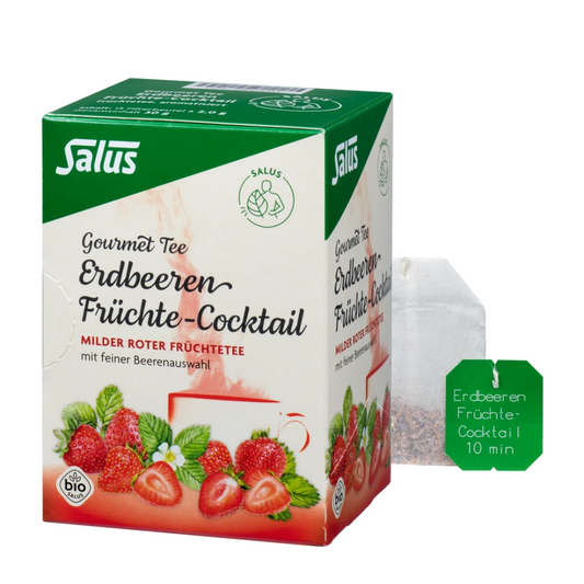 Salus Gourmet Tee Erdbeeren Früchte-Cocktail – Bio Früchtetee mit Erdbeeren und Beerenauswahl, Verpackung mit Teebeuteö