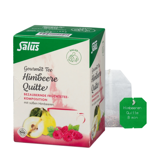 Salus Gourmet Tee Himbeere Quitte – Bio Früchtetee mit Himbeeren und Quittenstücken, Verpackung mit Teebeutel