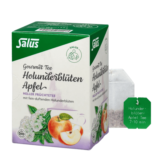 Salus Gourmet Tee Holunderblüten Apfel – Bio Früchtetee mit Holunderblüten und Apfelstücken, Verpackung mit Teebeutel