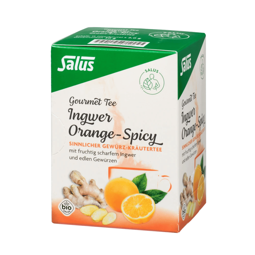 Salus Gourmet Tee Ingwer Orange-Spicy – Bio Gewürz-Kräutertee mit Ingwer und Orangenstücken in der Faltschachtel