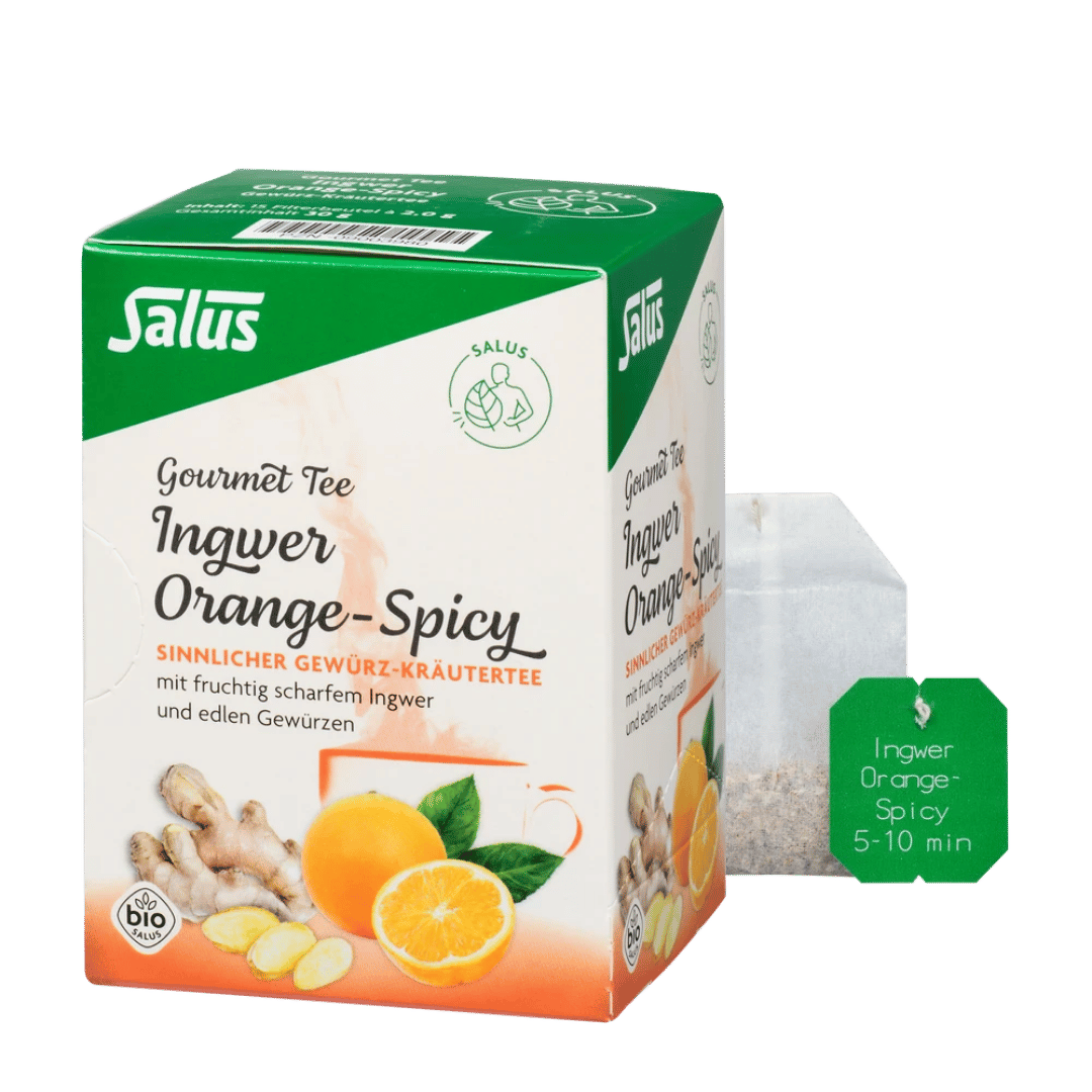 Salus Gourmet Tee Ingwer Orange-Spicy – Bio Gewürz-Kräutertee mit Ingwer und Orangenstücken, Verpackung mit Teebeutel
