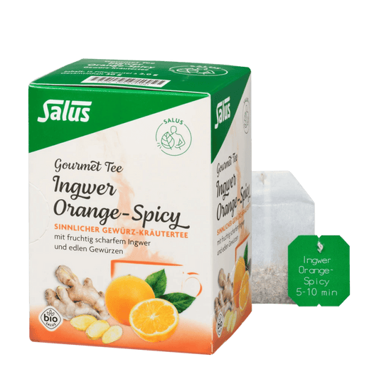 Salus Gourmet Tee Ingwer Orange-Spicy – Bio Gewürz-Kräutertee mit Ingwer und Orangenstücken, Verpackung mit Teebeutel