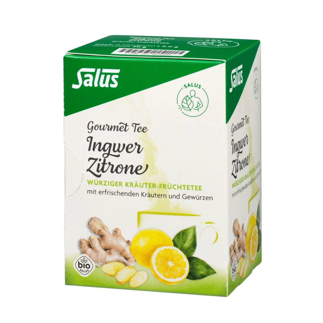 Salus Gourmet Tee Ingwer Zitrone – Bio Kräuter-Früchtetee mit Ingwer und Zitronenstücken in der Faltschachtel