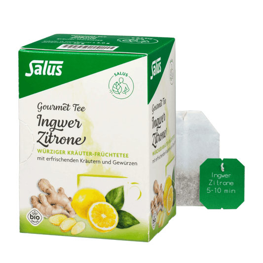 Salus Gourmet Tee Ingwer Zitrone – Bio Kräuter-Früchtetee mit Ingwer und Zitronenstücken, Verpackung mit Teebeutel