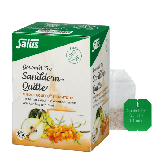 Salus Gourmet Tee Sanddorn Quitte – Bio Aquitta Früchtetee mit Sanddorn und Quitte, Verpackung mit Teebeutel