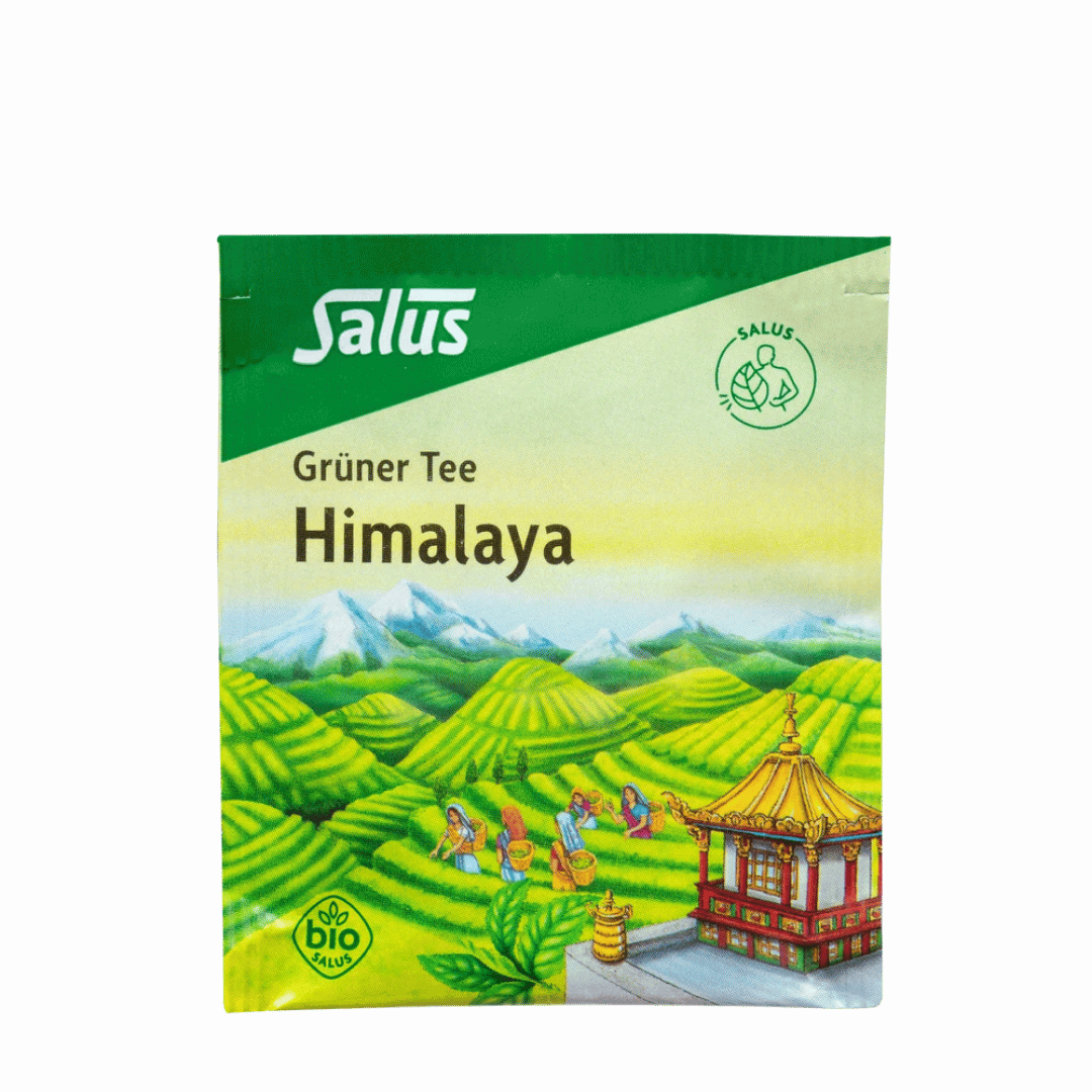Salus Grüner Tee Himalaya Bio – aromaversiegelter Umbeutel mit Illustration von Teefeldern und Pagode