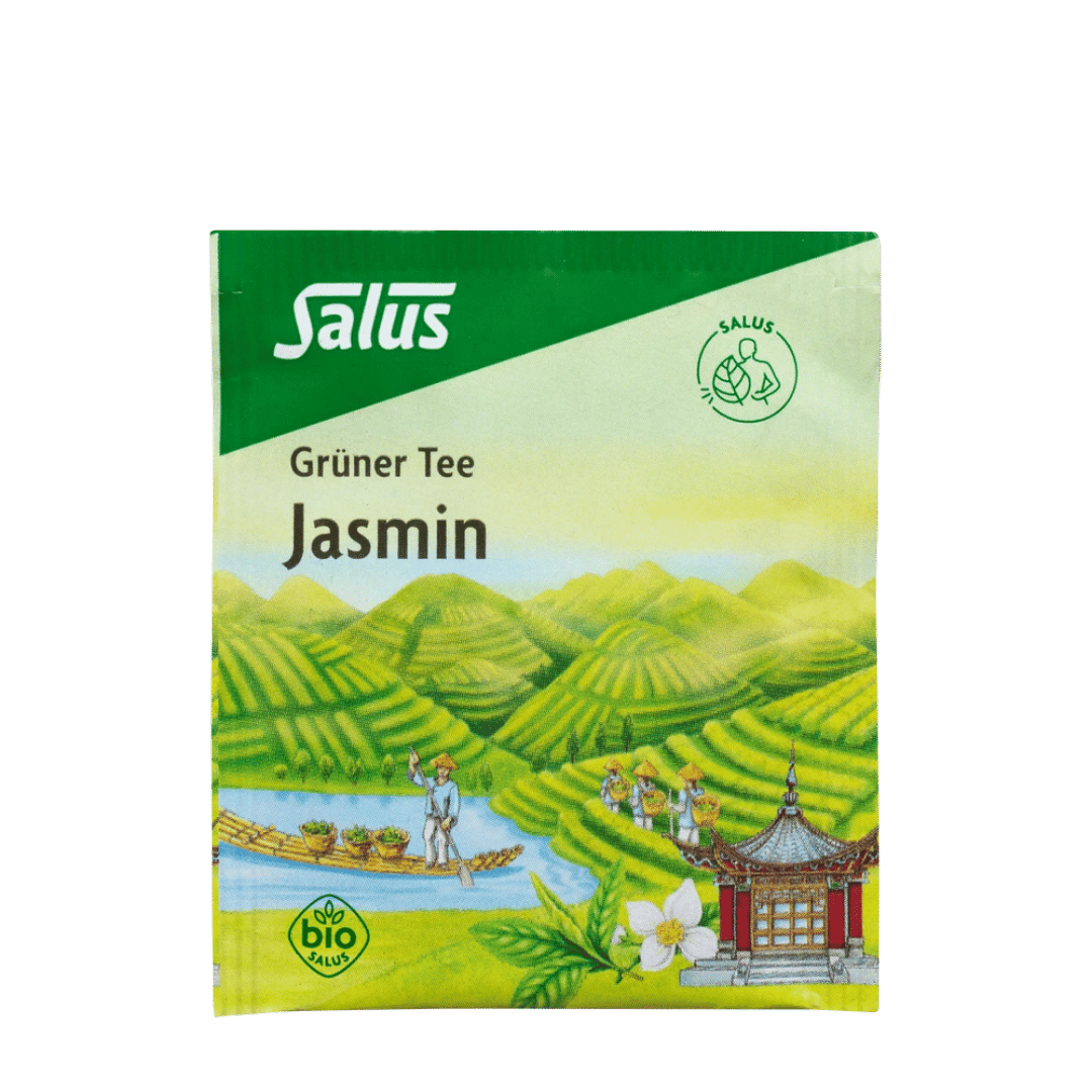 Salus Grüner Tee Jasmin Bio – aromaversiegelter Umbeutel mit Illustration von Teefeldern und Pagode