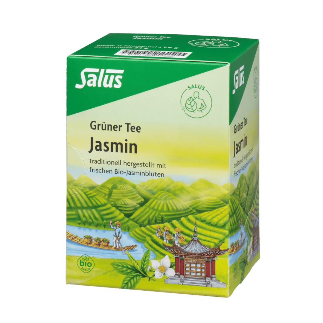 Salus Grüner Tee Jasmin Bio – Verpackung mit 15 Filterbeuteln, traditionell hergestellt mit frischen Bio-Jasminblüten