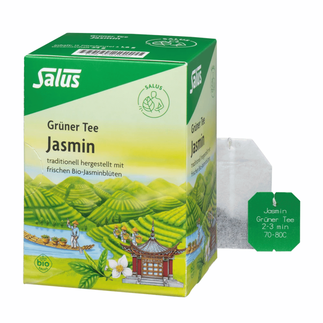 Salus Grüner Tee Jasmin Bio – Packung mit 15 Filterbeuteln und einzelnem Teebeutel, traditionell hergestellt mit Bio-Jasminblüten