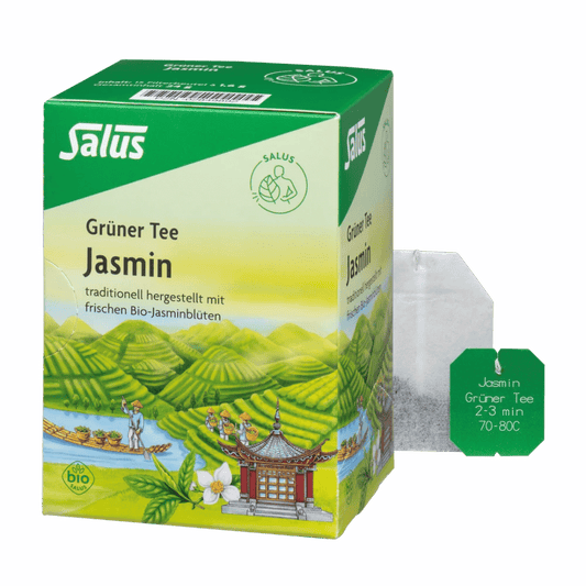 Salus Grüner Tee Jasmin Bio – Packung mit 15 Filterbeuteln und einzelnem Teebeutel, traditionell hergestellt mit Bio-Jasminblüten