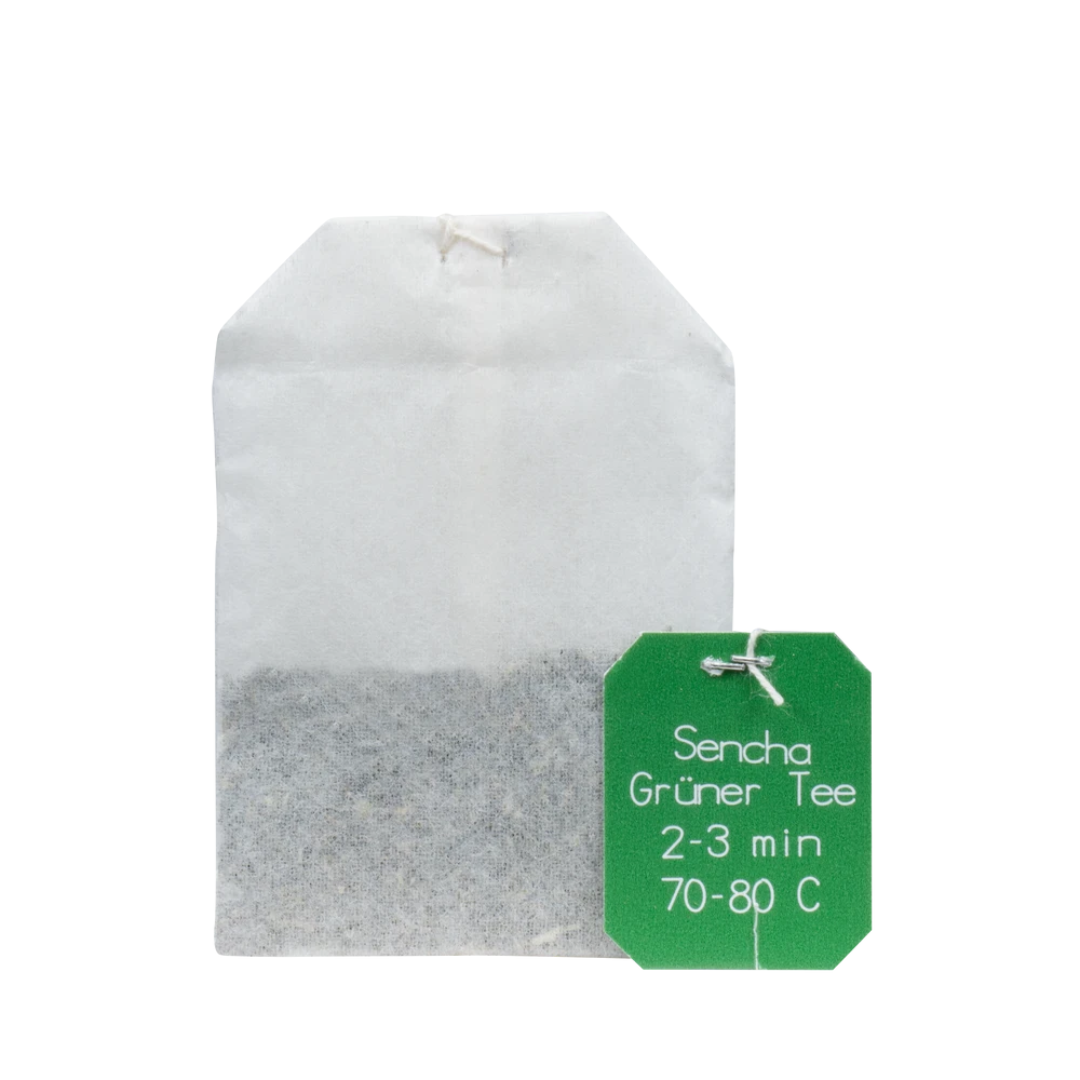 Salus Grüner Tee Sencha Bio – einzelner Filterbeutel mit Ziehzeit- und Temperaturangabe