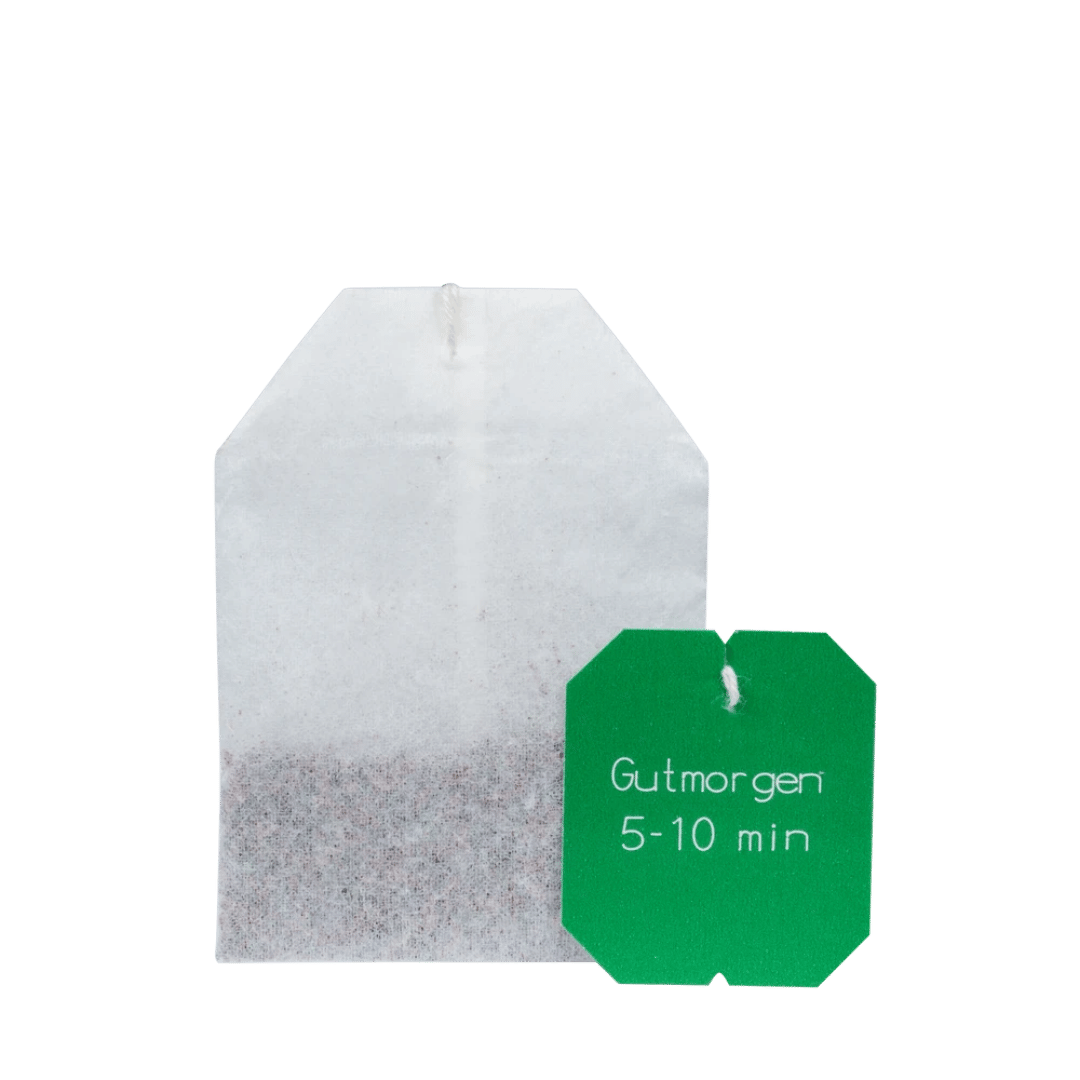 Salus Gutmorgen Kräutertee Bio – einzelner Filterbeutel mit Ziehzeit- und Temperaturangabe