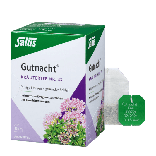 Salus Gutnacht Kräutertee Nr. 33 – Packung mit 15 Filterbeuteln und einzelnem Teebeutel, für ruhige Nerven und gesunden Schlaf