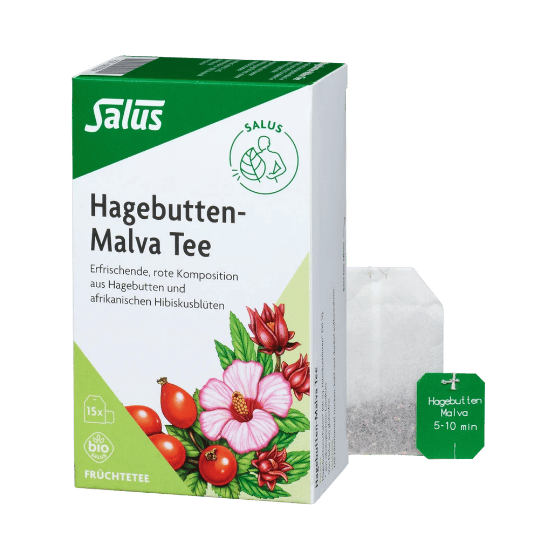Salus Hagebutten-Malva Tee Bio – Packung mit 15 Filterbeuteln und einzelnem Teebeutel, erfrischende Mischung mit Hagebutten und Hibiskus