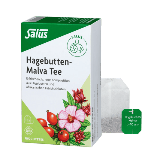 Salus Hagebutten-Malva Tee Bio – Packung mit 15 Filterbeuteln und einzelnem Teebeutel, erfrischende Mischung mit Hagebutten und Hibiskus