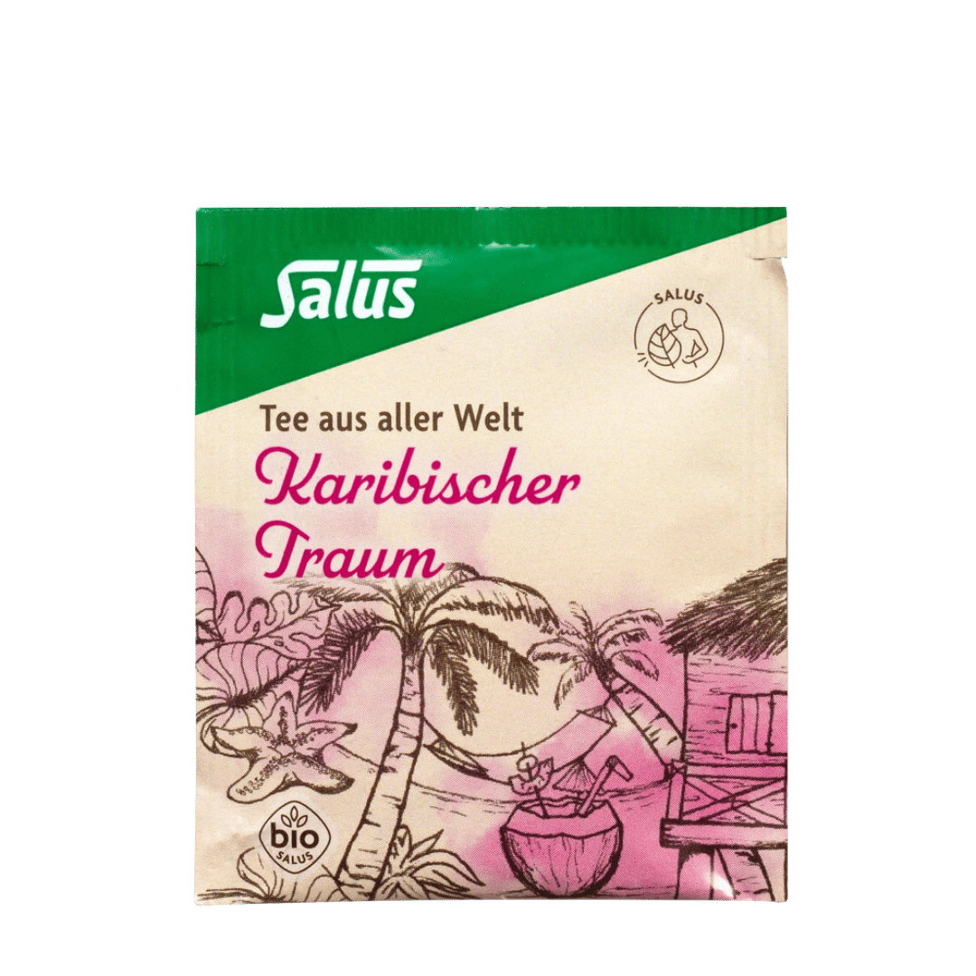 Salus Karibischer Traum Tee Verpackung Vorderseite, Bio-Früchtetee aus aller Welt mit tropischem Design