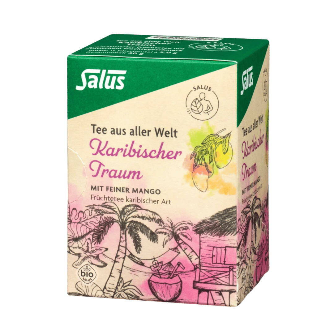 Salus Karibischer Traum Tee Box 3D-Ansicht, Bio-Früchtetee mit feiner Mango, tropische Illustration mit Palmen