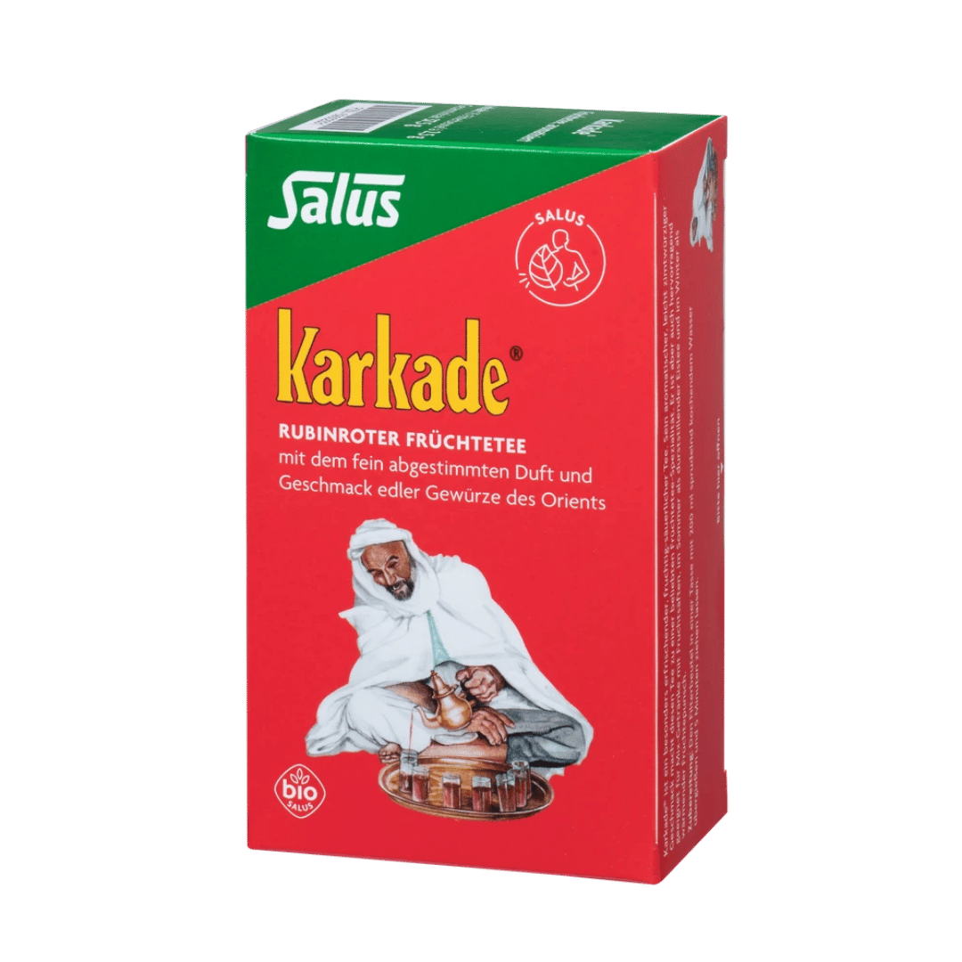 Salus Karkade Tee Verpackung, rubinroter Bio-Früchtetee mit orientalischen Gewürzen, traditionelle Darstellung