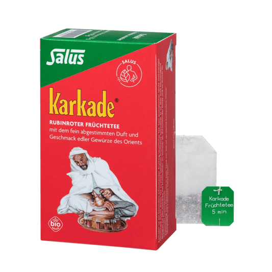 Salus Karkade Teebox mit Teebeutel, Bio-Hibiskus-Früchtetee 5 Min Ziehzeit, komplette Produktansicht