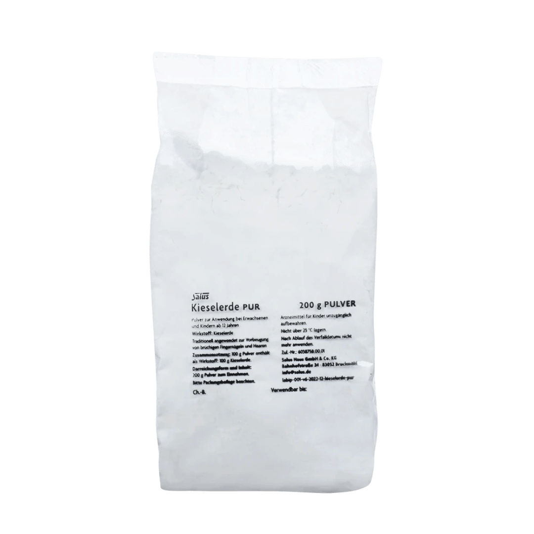 Salus Kieselerde PUR 200g Pulver Verpackung Rückseite mit Produktinformationen und Anwendungshinweisen