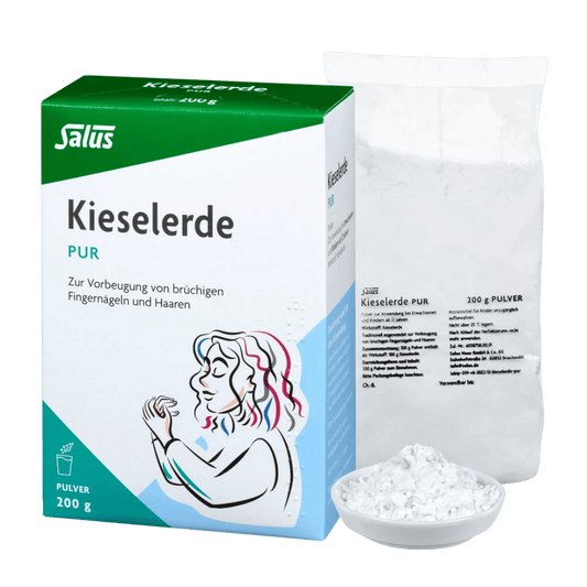 Salus Kieselerde PUR Produktverpackung 200g mit Kieselerde Pulver in Schale - Silizium Supplement für Haare und Nägel