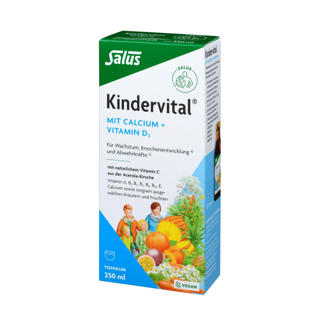 Salus Kindervital Verpackung - Kinder-Multivitamin-Präparat mit Calcium und Vitamin D3, 250ml Kartonbox mit Früchte-Motiv